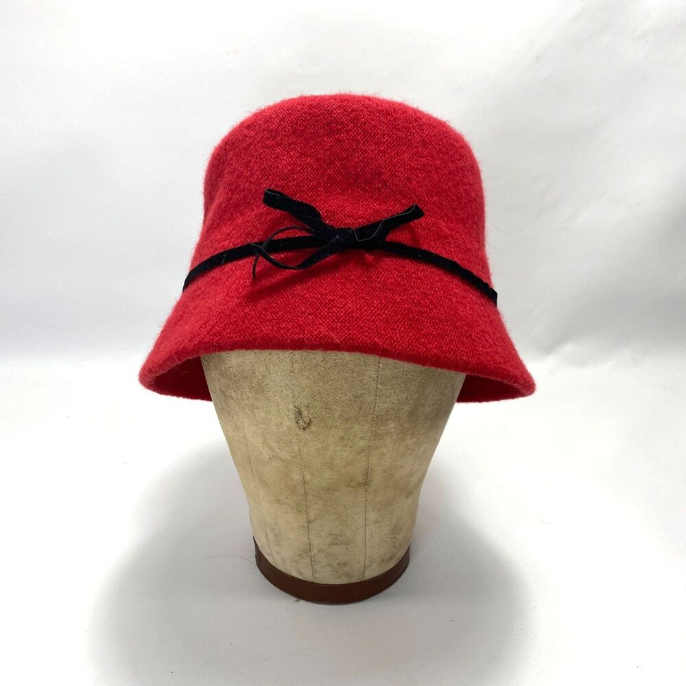 Liz Claiborne Red Wool Blend Cloche Bucket Hat 21" Boho Steampunk Grunge Punk
